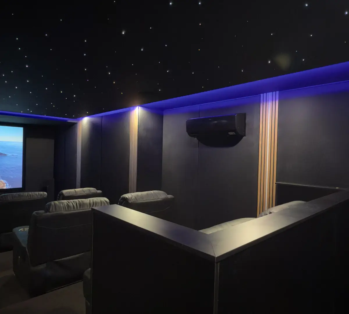 Project Luxury Smart Home Theatre with Shooting Starlight Ceiling and Tiered Seating BLUTEK0024