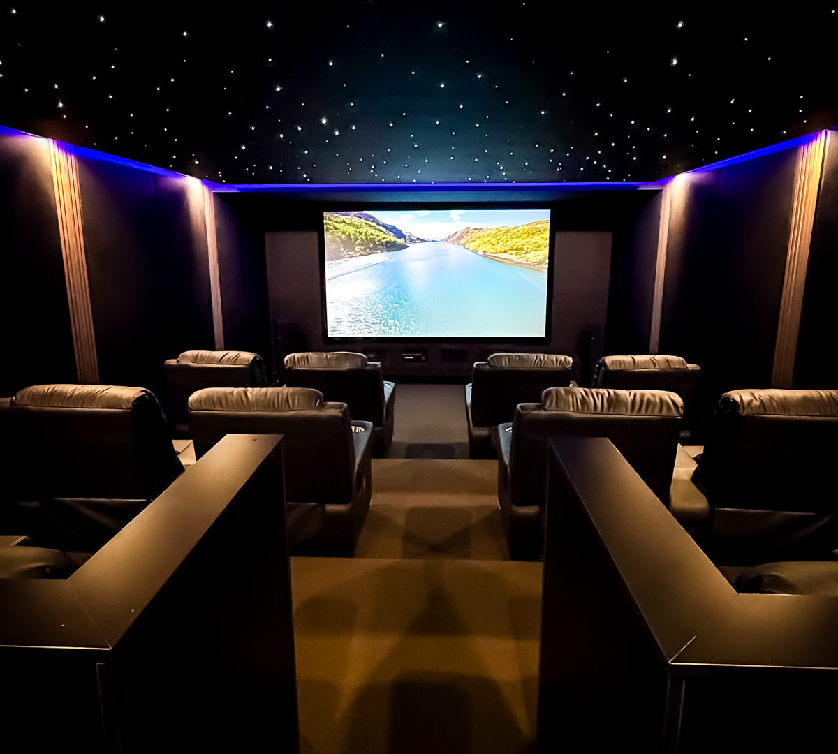 Project Luxury Smart Home Theatre with Shooting Starlight Ceiling and Tiered Seating BLUTEK0025