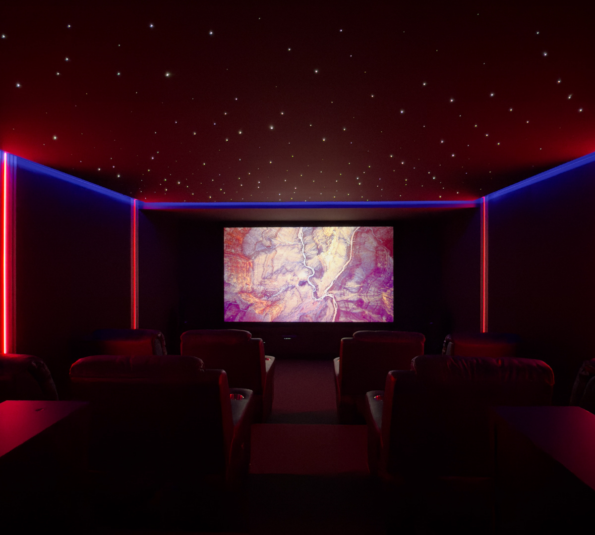 Project Luxury Smart Home Theatre with Shooting Starlight Ceiling and Tiered Seating BLUTEK0043