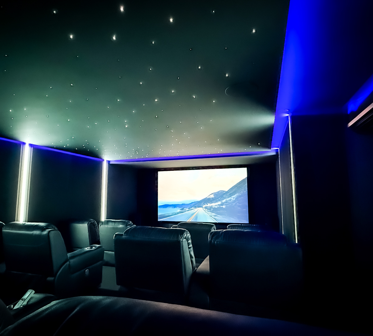 Project Luxury Smart Home Theatre with Shooting Starlight Ceiling and Tiered Seating BLUTEK0048